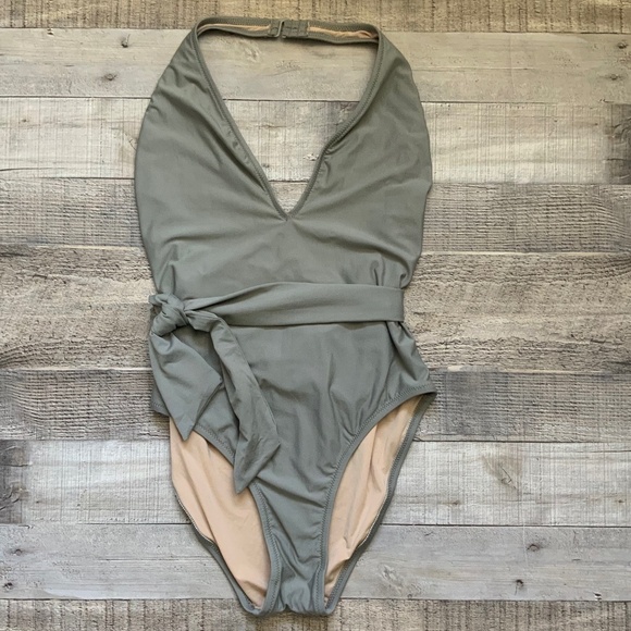 J Crew Putty Grey Deep V Neck Waist Tie Halter One Piece Tank Swimsuit SZ 8 - Picture 4 of 6